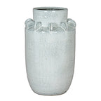 Tall pale blue-grey and white speckled vase with a raised cylindrical neck and rounded fins around the shoulder, shown against white.