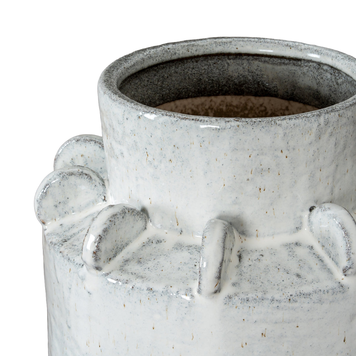 Angled close-up into the vase's open neck, showing the dark speckled interior, glossy rim and upright shoulder fins.
