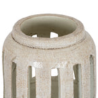 Angled close-up of the candle holder's open top, showing its raised rim, speckled white finish and the upper ends of the vertical slots.