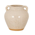 Cream planter with brown speckles, a rounded body, two loop handles and an ochre-coloured bottom band, shown with its open neck visible against white.