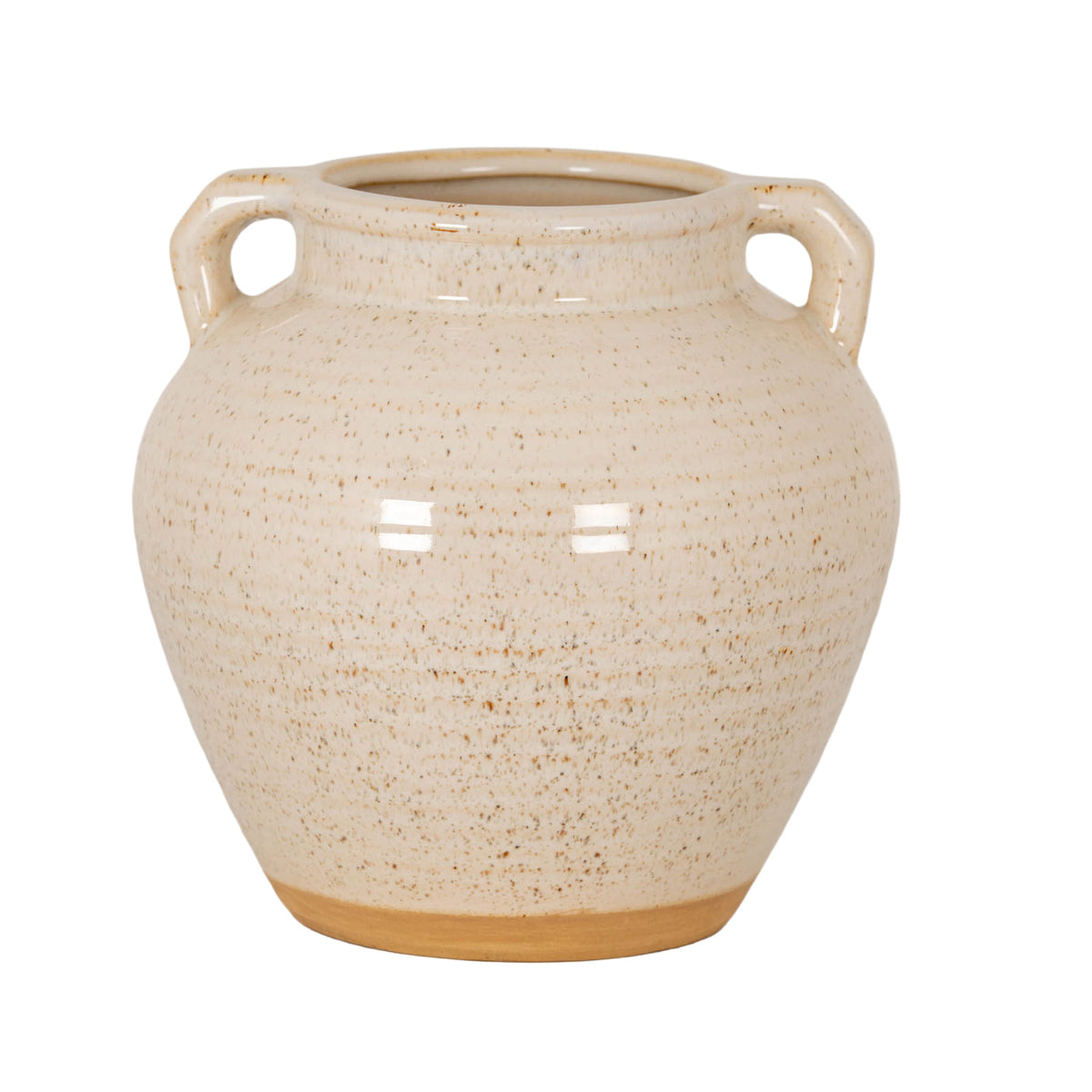 Cream planter with brown speckles, a rounded body, two loop handles and an ochre-coloured bottom band, shown with its open neck visible against white.