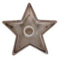 Overhead view of an empty warm off-white five-point star candle holder with a raised round central socket and dark speckled edging.