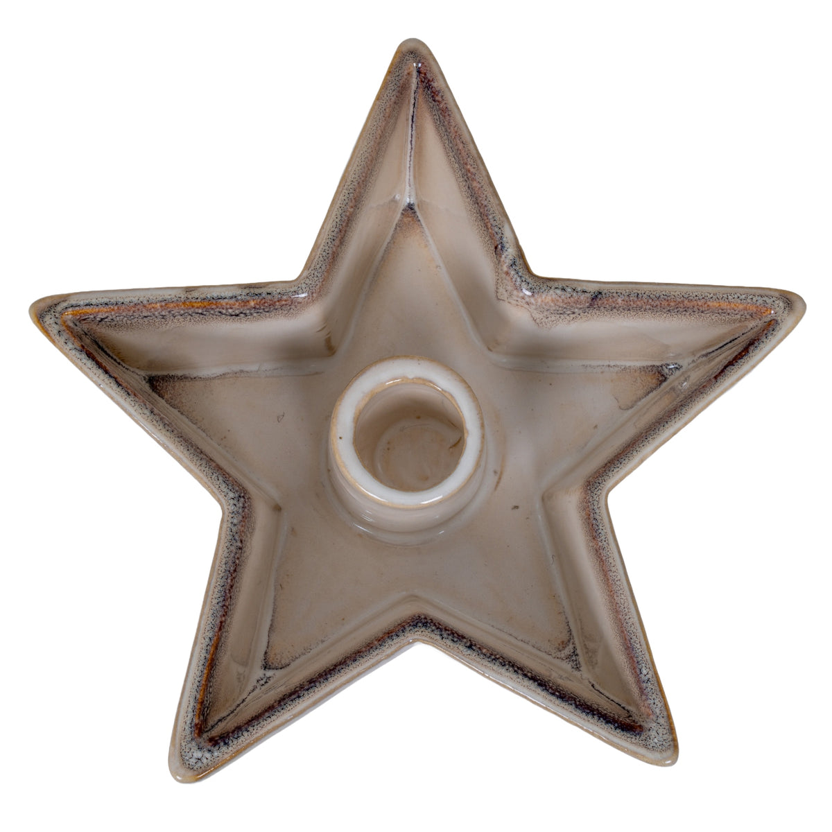 Overhead view of an empty warm off-white five-point star candle holder with a raised round central socket and dark speckled edging.