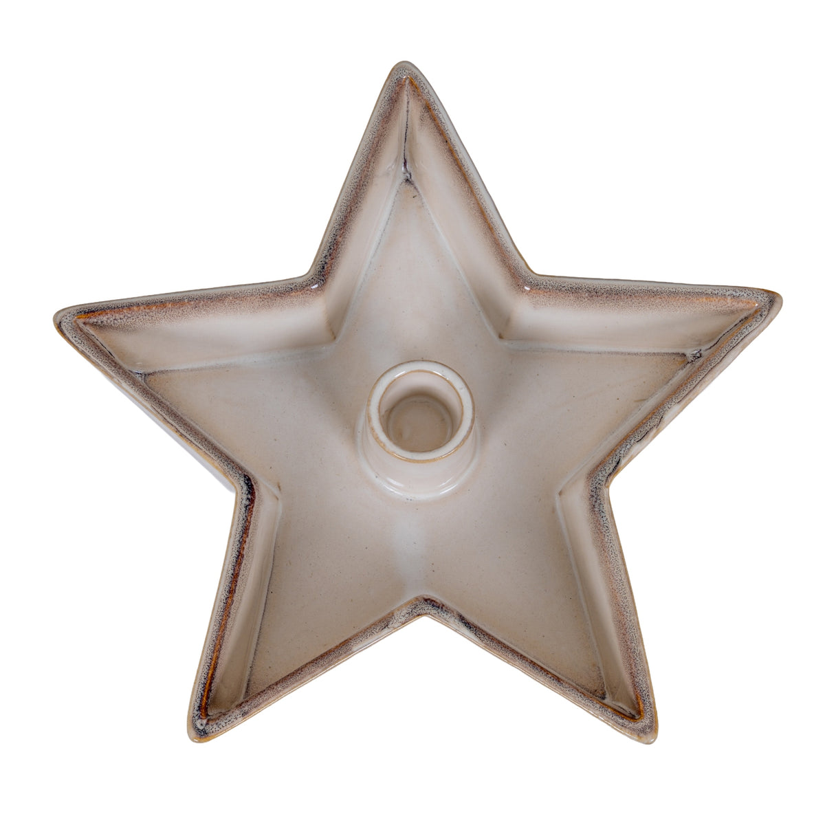 Overhead view of an empty warm off-white star candle holder with five upturned points, speckled edges and a central round socket.