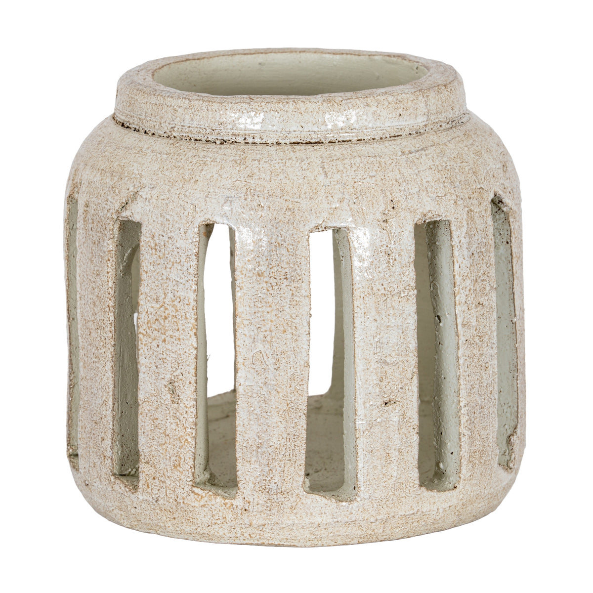 Rounded cream candle holder with brown speckles, a broad raised rim and tall rectangular openings around the body.