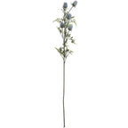 Full artificial thistle stem against white, with grey-blue oval heads branching above jagged green-grey leaves and a long dark stem.