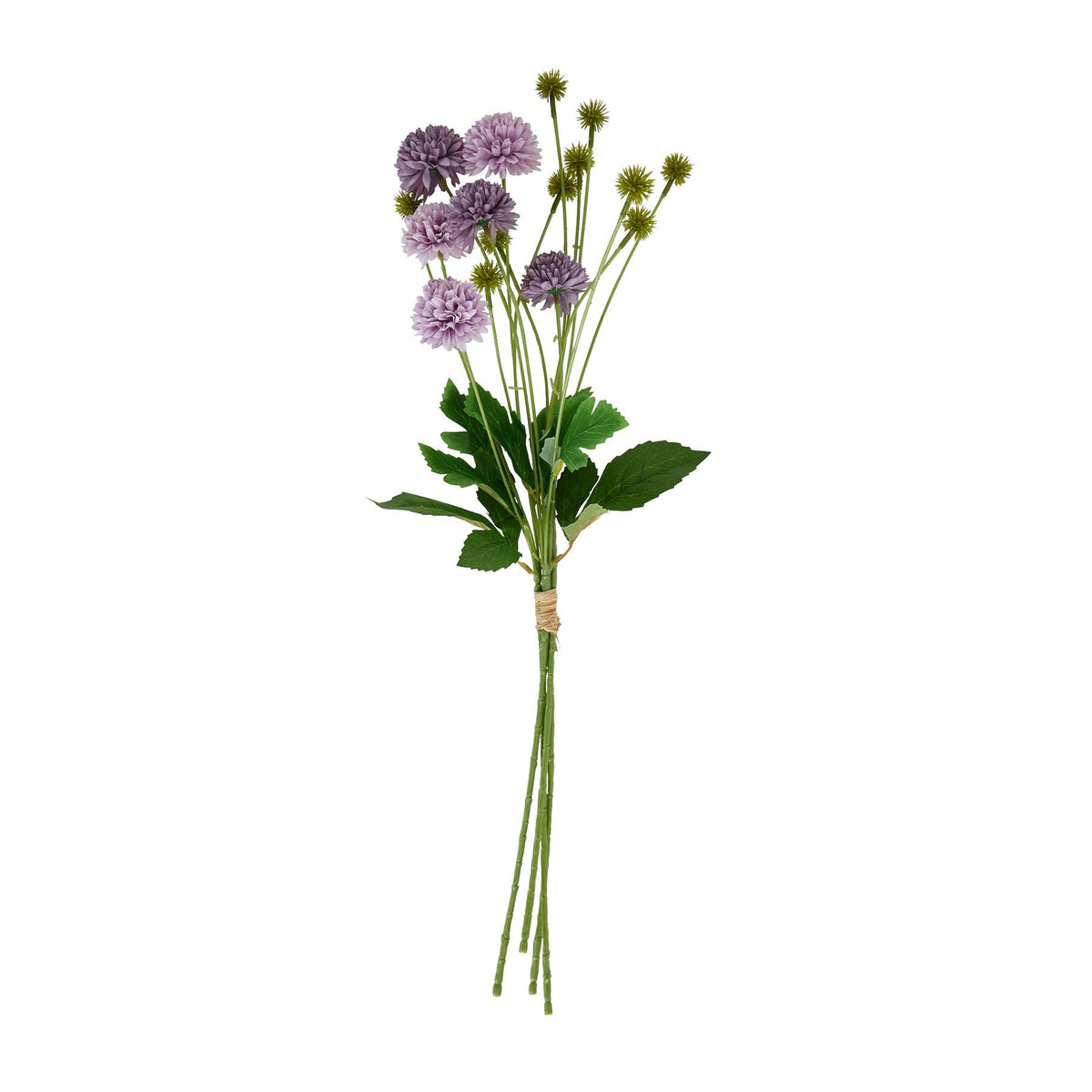 Full artificial bouquet against white, with purple flower heads, green spiky buds and broad leaves above long stems tied with a beige binding.
