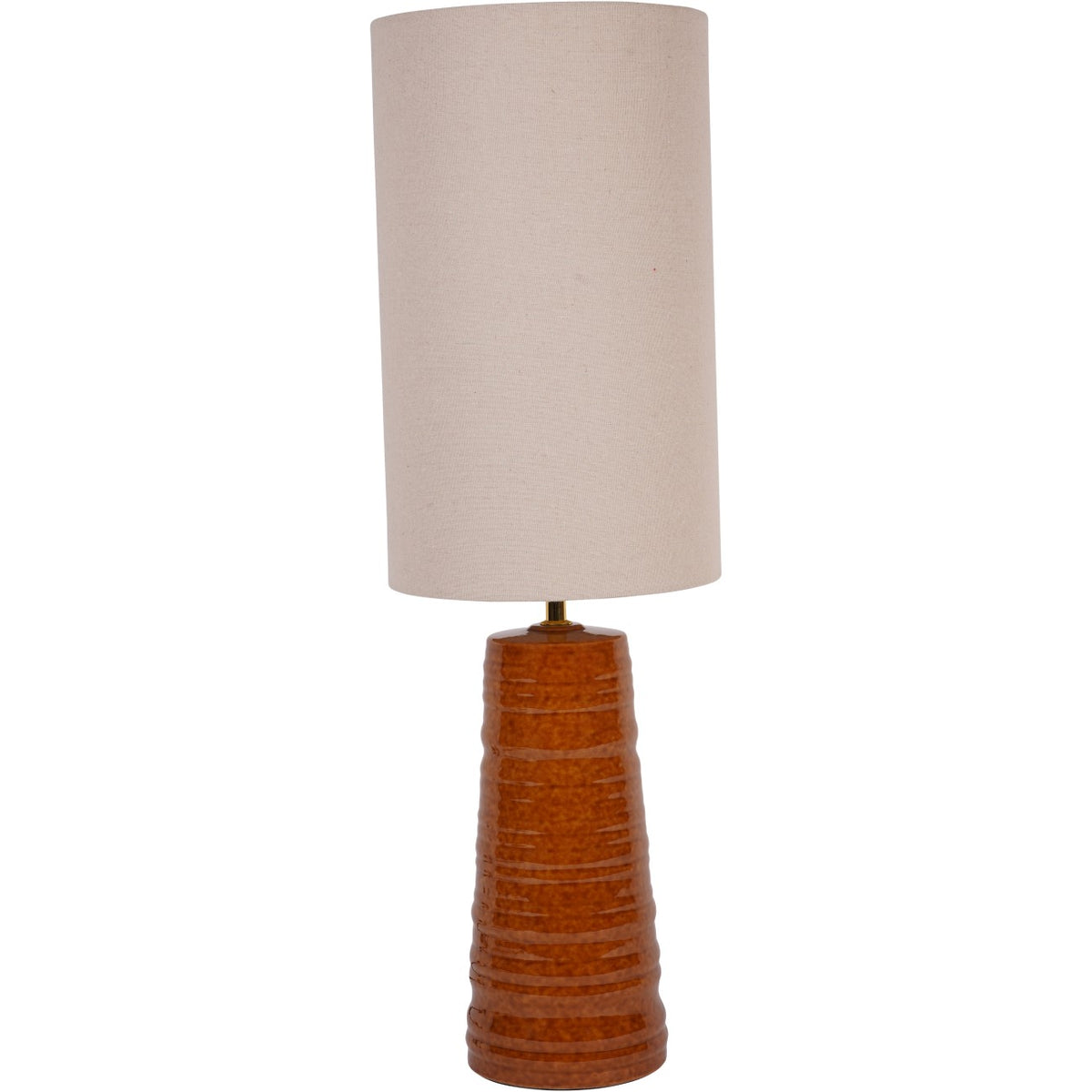 Full view of the Spindle table lamp with a tall ivory cylindrical shade and tapering terracotta glazed base.
