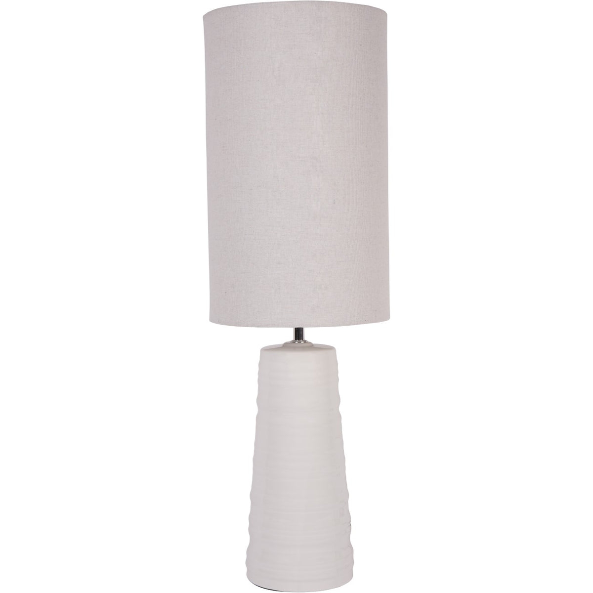 Front view of the white Spindle table lamp with a ridged tapered base and tall off-white cylindrical shade.