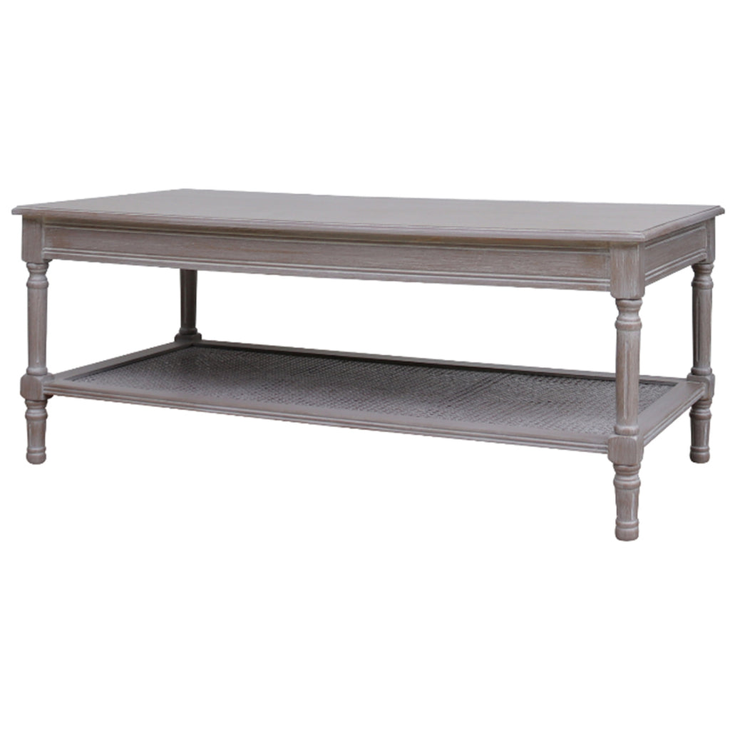 Spindle Weave Coffee Table shown at an angle, with a rectangular grey-brown top, turned-profile legs and a full-width woven lower shelf.