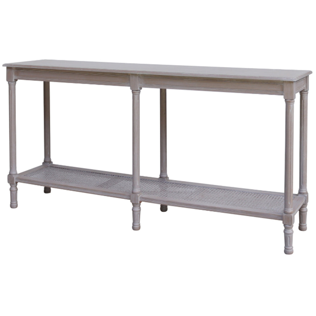 Grey console table shown at an angle on a white background, with a long rectangular top, six slender legs and woven lower shelves.