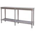 Grey console table shown at an angle on a white background, with a long rectangular top, six slender legs and woven lower shelves.