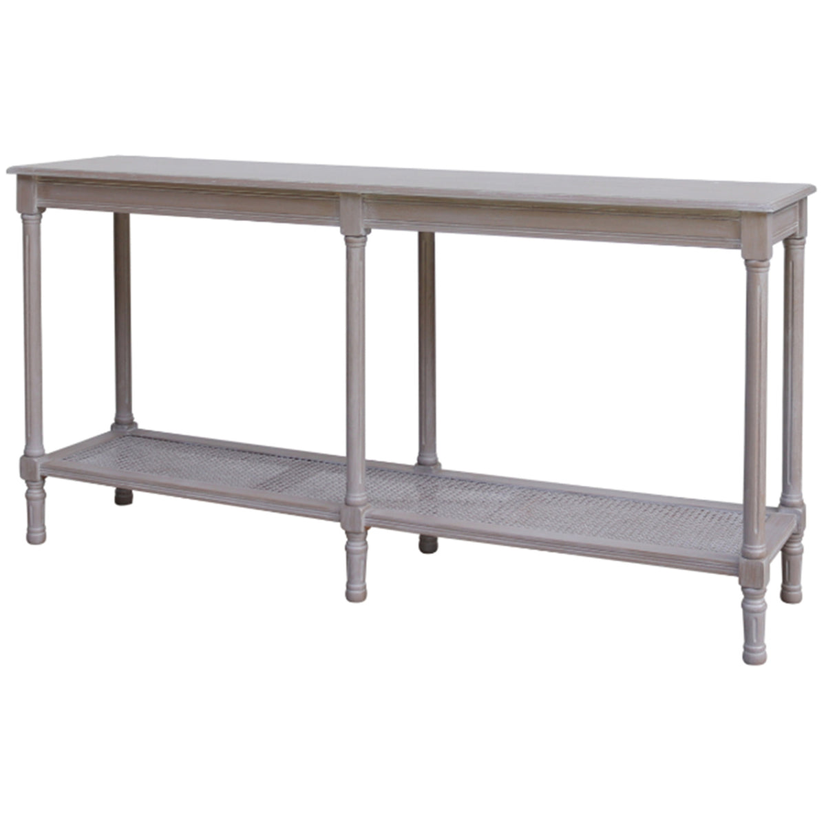 Grey console table shown at an angle on a white background, with a long rectangular top, six slender legs and woven lower shelves.