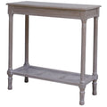 Grey-brown console table against a white background, showing its rectangular top, four turned-profile legs and single woven lower shelf.
