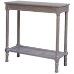 Grey-brown console table against a white background, showing its rectangular top, four turned-profile legs and single woven lower shelf.