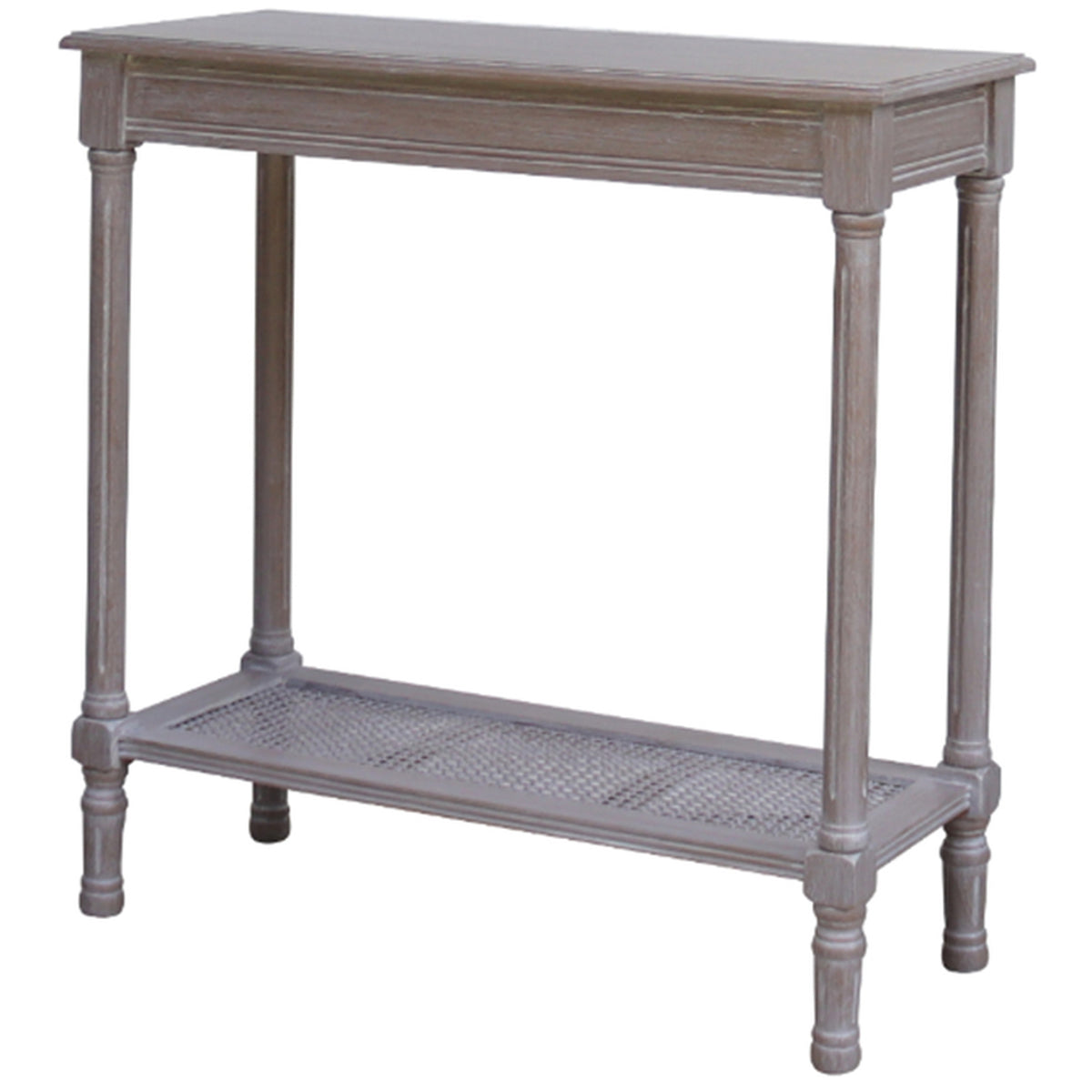 Grey-brown console table against a white background, showing its rectangular top, four turned-profile legs and single woven lower shelf.