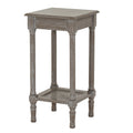 Angled view of the grey-brown Spindle Weave Side Table showing its square top, framed aprons and four slender turned-profile legs.