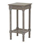 Angled view of the grey-brown Spindle Weave Side Table showing its square top, framed aprons and four slender turned-profile legs.