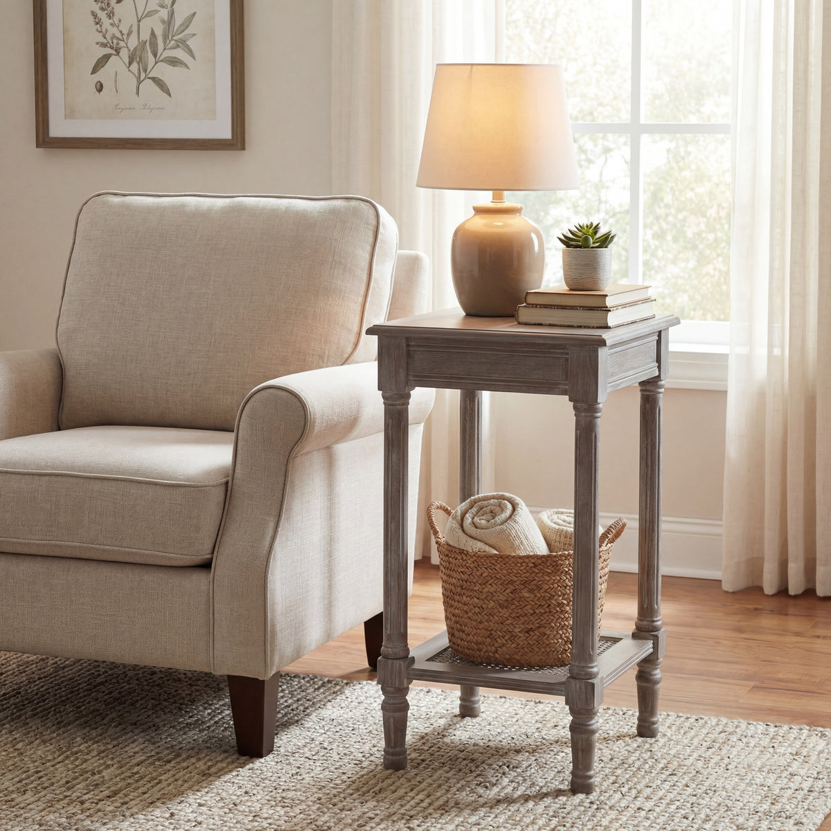 Spindle Weave Side Table beside a cream armchair, styled with a lamp, books and a small plant above a basket of rolled throws.