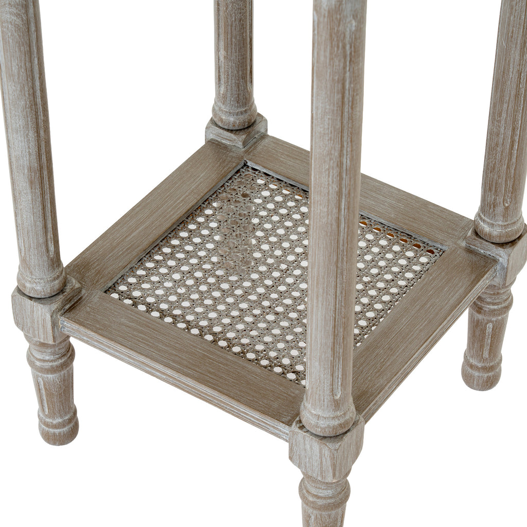 Close-up of the lower shelf's open woven pattern, square frame and pale-streaked grey-brown leg details.