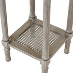 Close-up of the lower shelf's open woven pattern, square frame and pale-streaked grey-brown leg details.