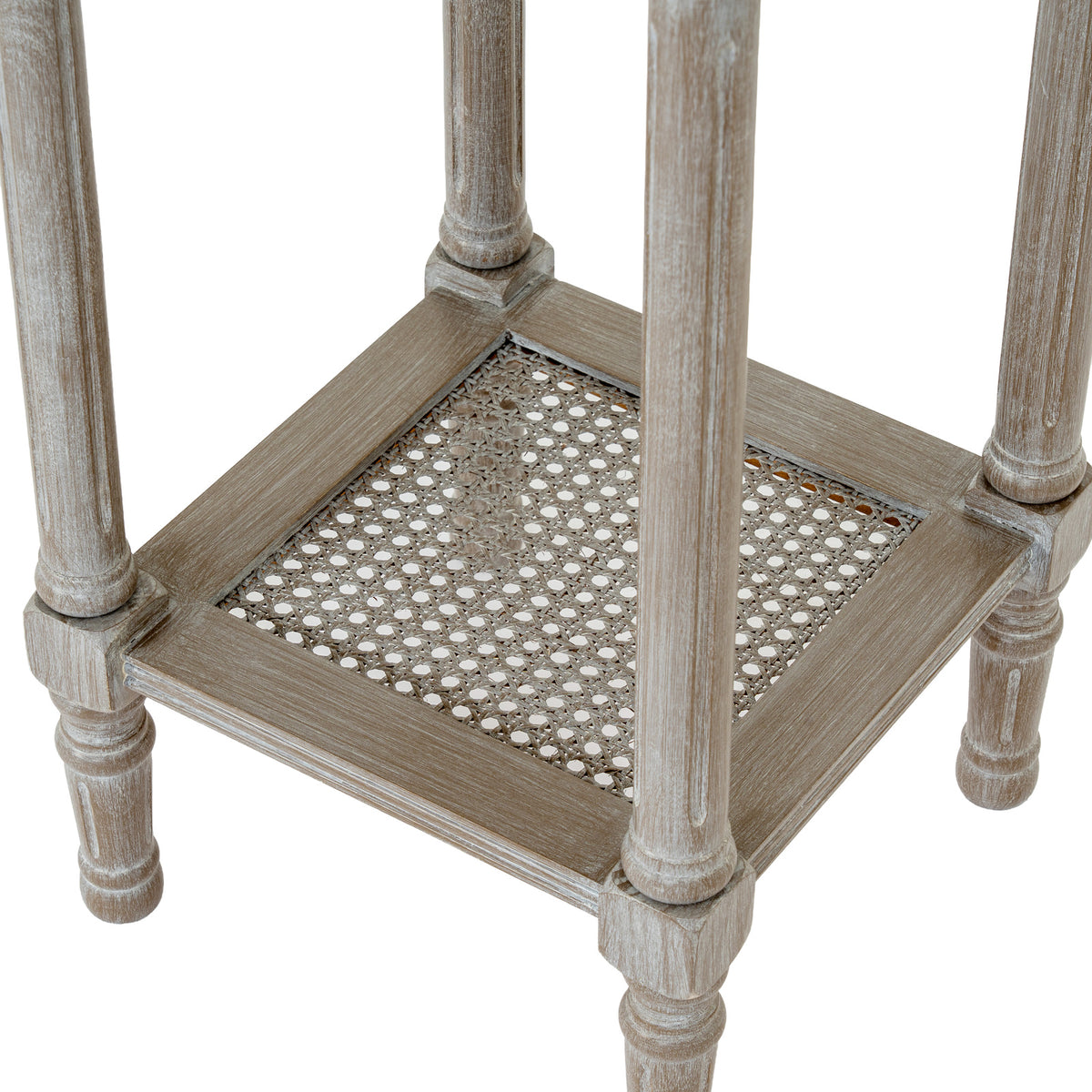 Close-up of the lower shelf's open woven pattern, square frame and pale-streaked grey-brown leg details.