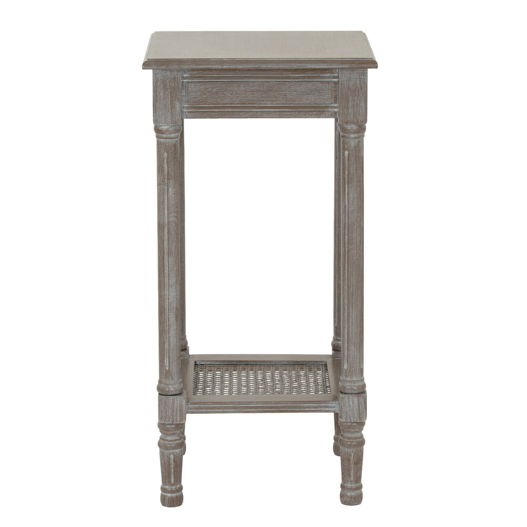 Front view of the tall Spindle Weave Side Table with a plain square top and a low shelf with an open woven inset.