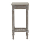 Front view of the tall Spindle Weave Side Table with a plain square top and a low shelf with an open woven inset.