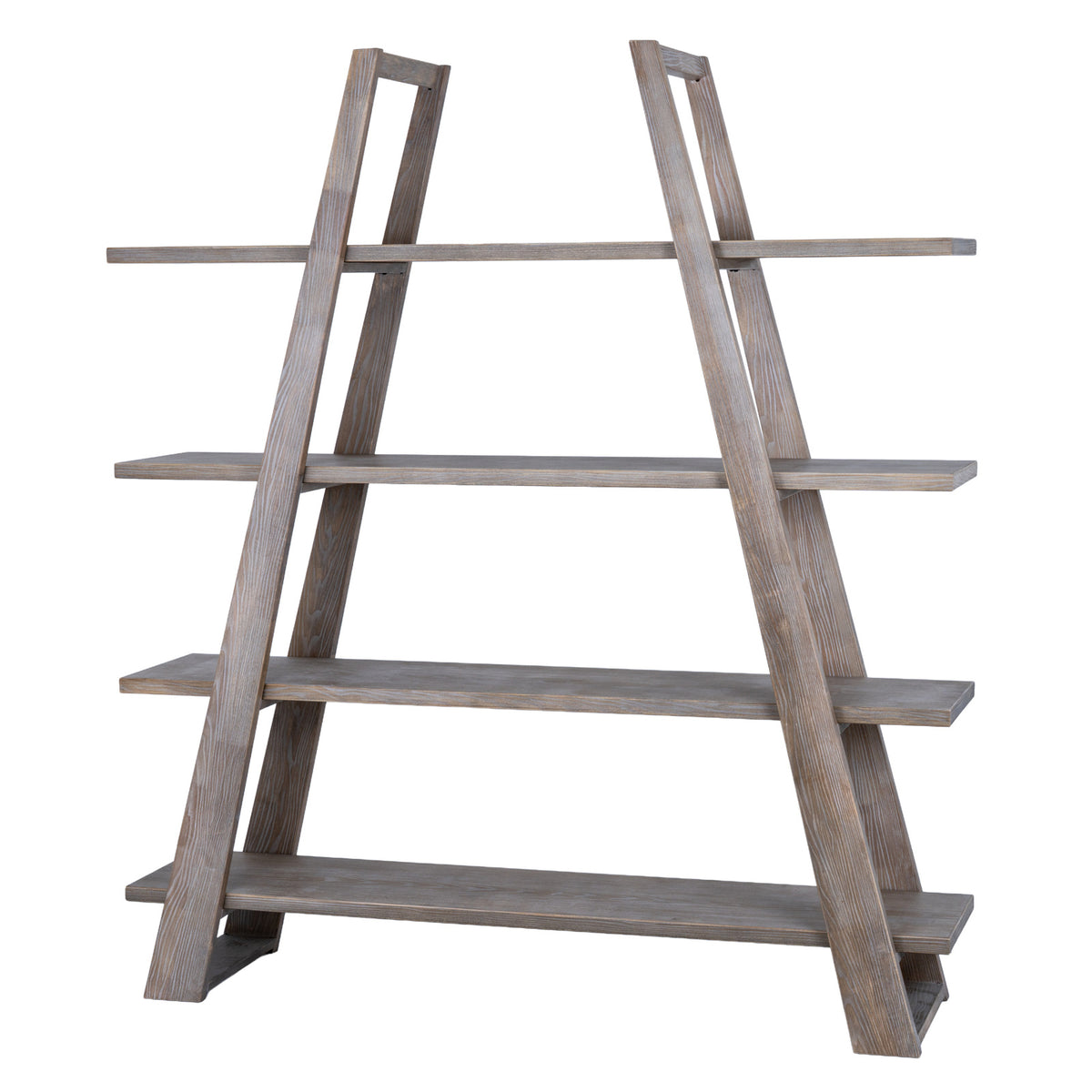 Pale brown shelving unit with four broad shelves and splayed side frames against a white background.
