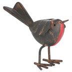 Three-quarter view of a robin ornament with a red breast, dark mottled body, raised split tail and splayed toes against white.