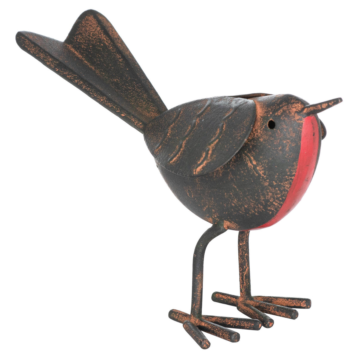 Three-quarter view of a robin ornament with a red breast, dark mottled body, raised split tail and splayed toes against white.