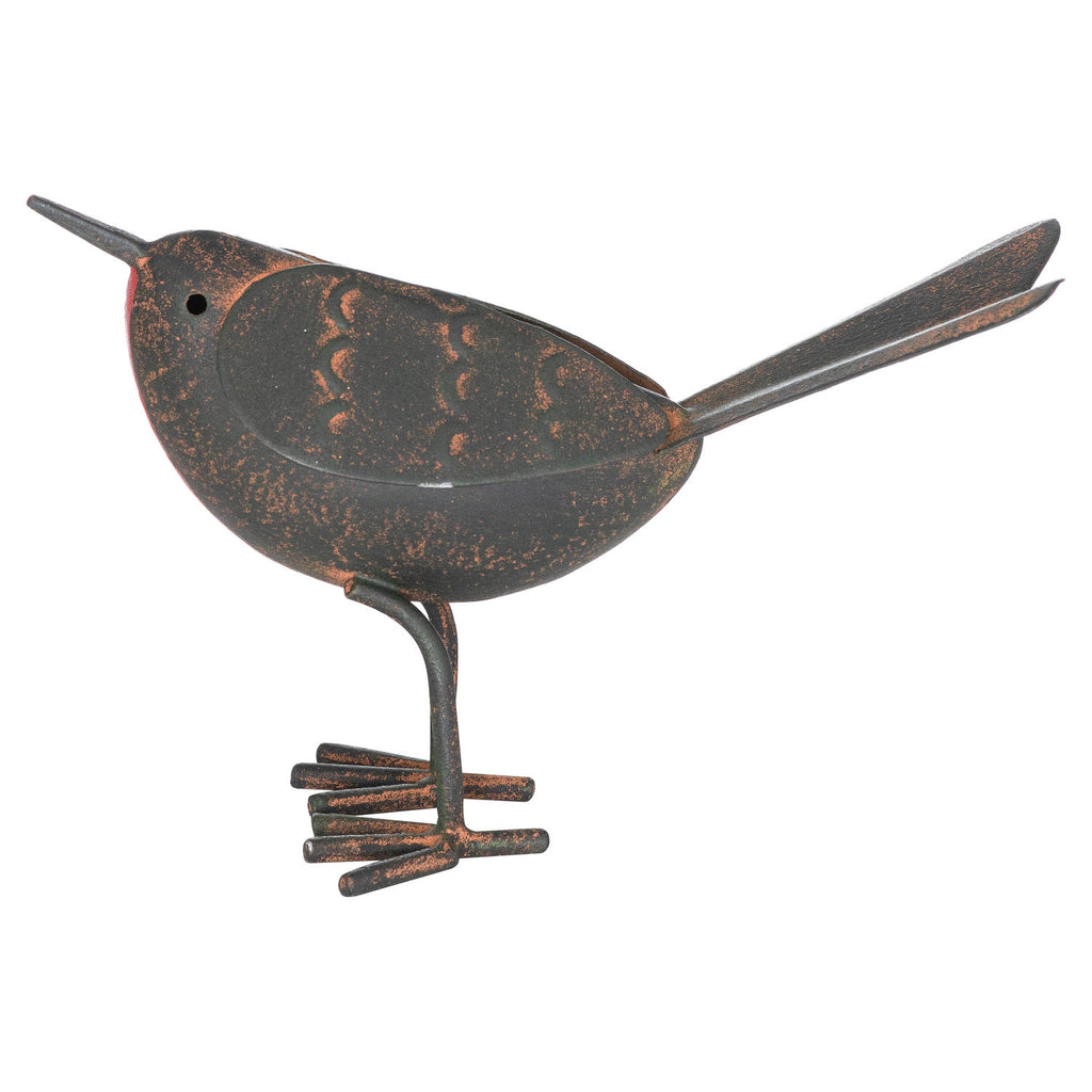 Side view of the robin ornament facing left, showing its curved wing, rust-brown markings and long two-pronged tail against white.