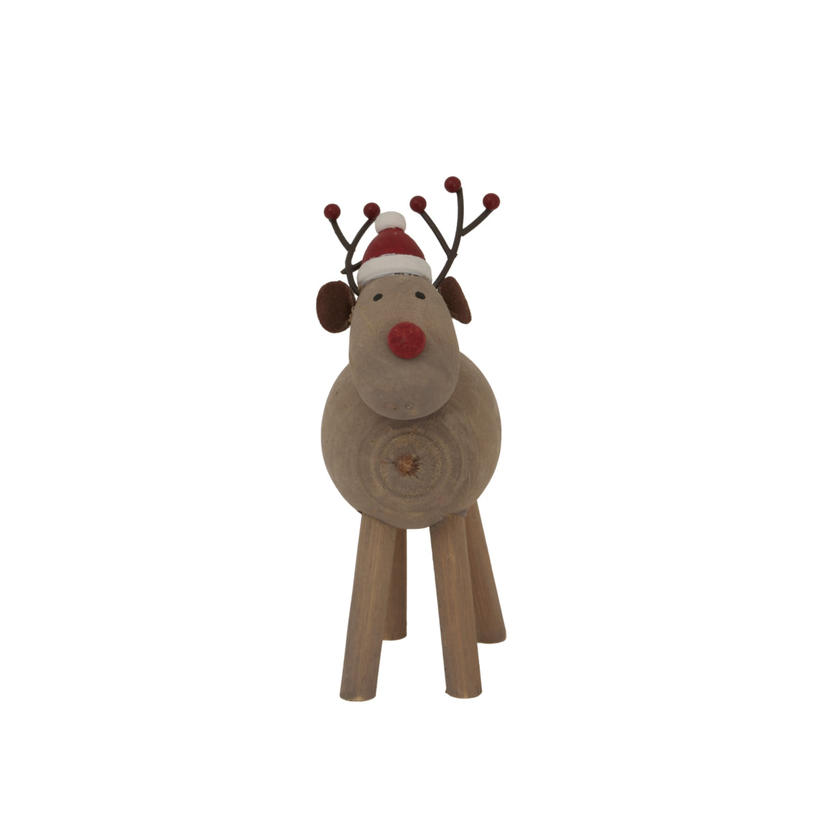 Front view of a brown reindeer decoration with a red nose, red-and-white hat and dark antlers tipped with red balls.