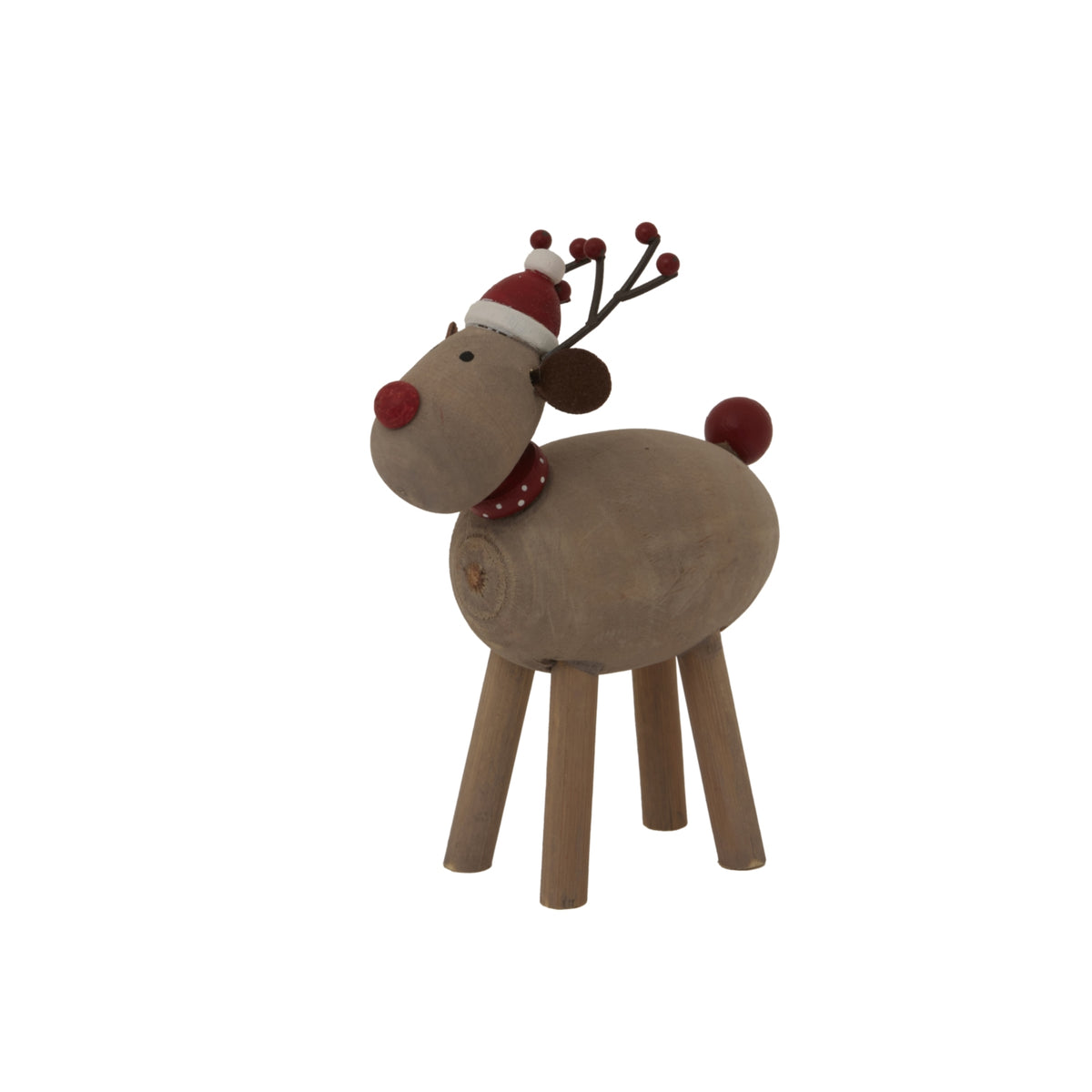 Angled view of the rounded reindeer decoration showing its spotted red neckband, four legs and round red tail.