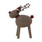 Side view of the brown reindeer decoration showing its spotted red neckband, four legs, round red tail and swept-back branching antlers.