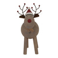 Front view of a rounded brown reindeer decoration with a red nose, red-and-white hat and dark branched antlers tipped with red balls.
