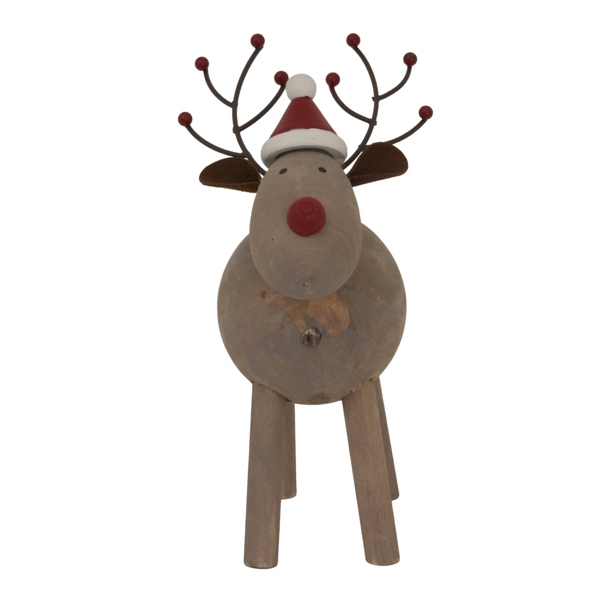 Front view of a rounded brown reindeer decoration with a red nose, red-and-white hat and dark branched antlers tipped with red balls.