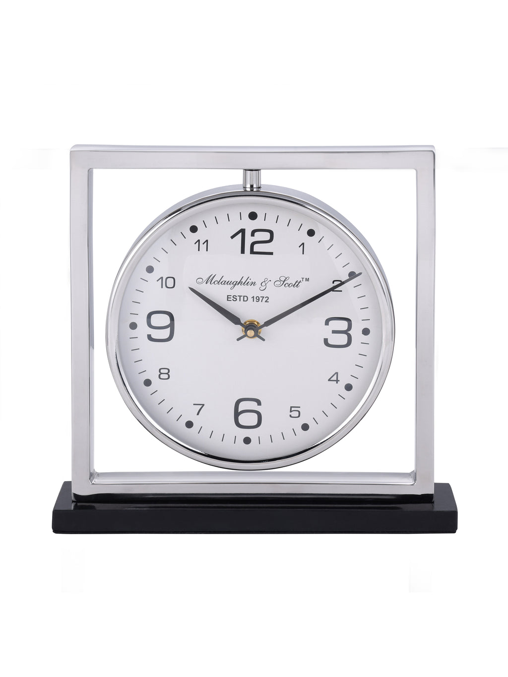 Front view of a mantel clock with a white round dial suspended inside a silver square frame on a black base.