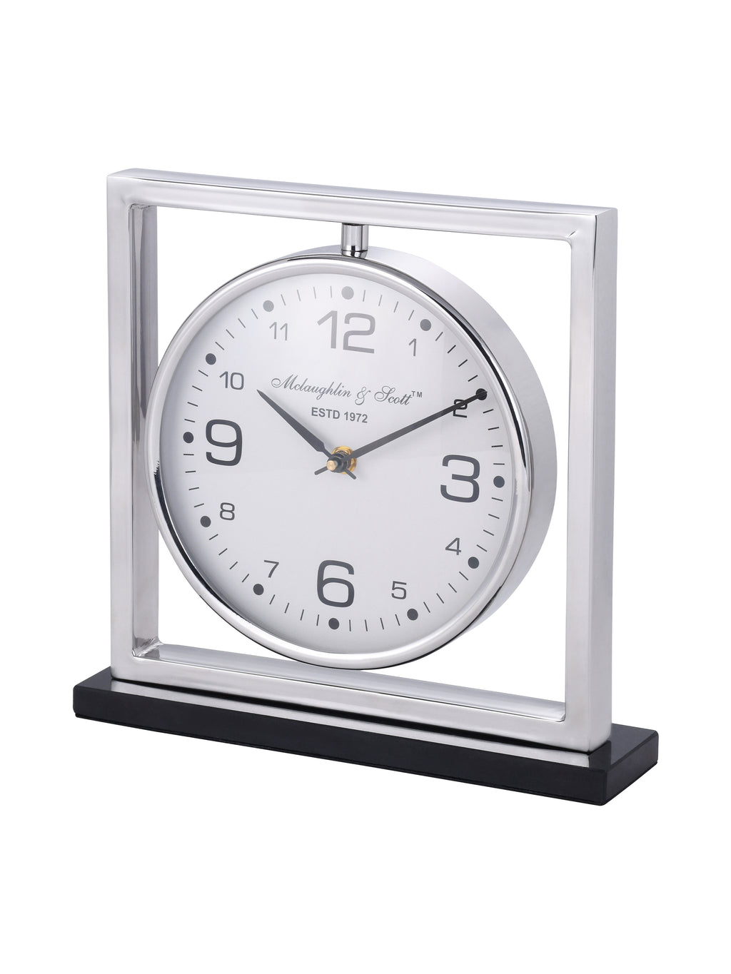 Angled view of the mantel clock showing the depth of its polished square frame and circular dial casing.