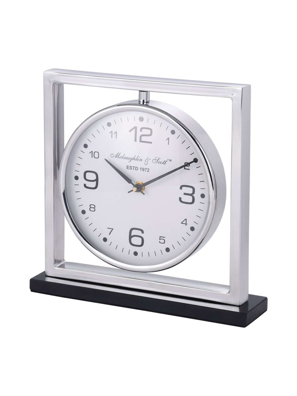 Angled view of the mantel clock showing the depth of its polished square frame and circular dial casing.