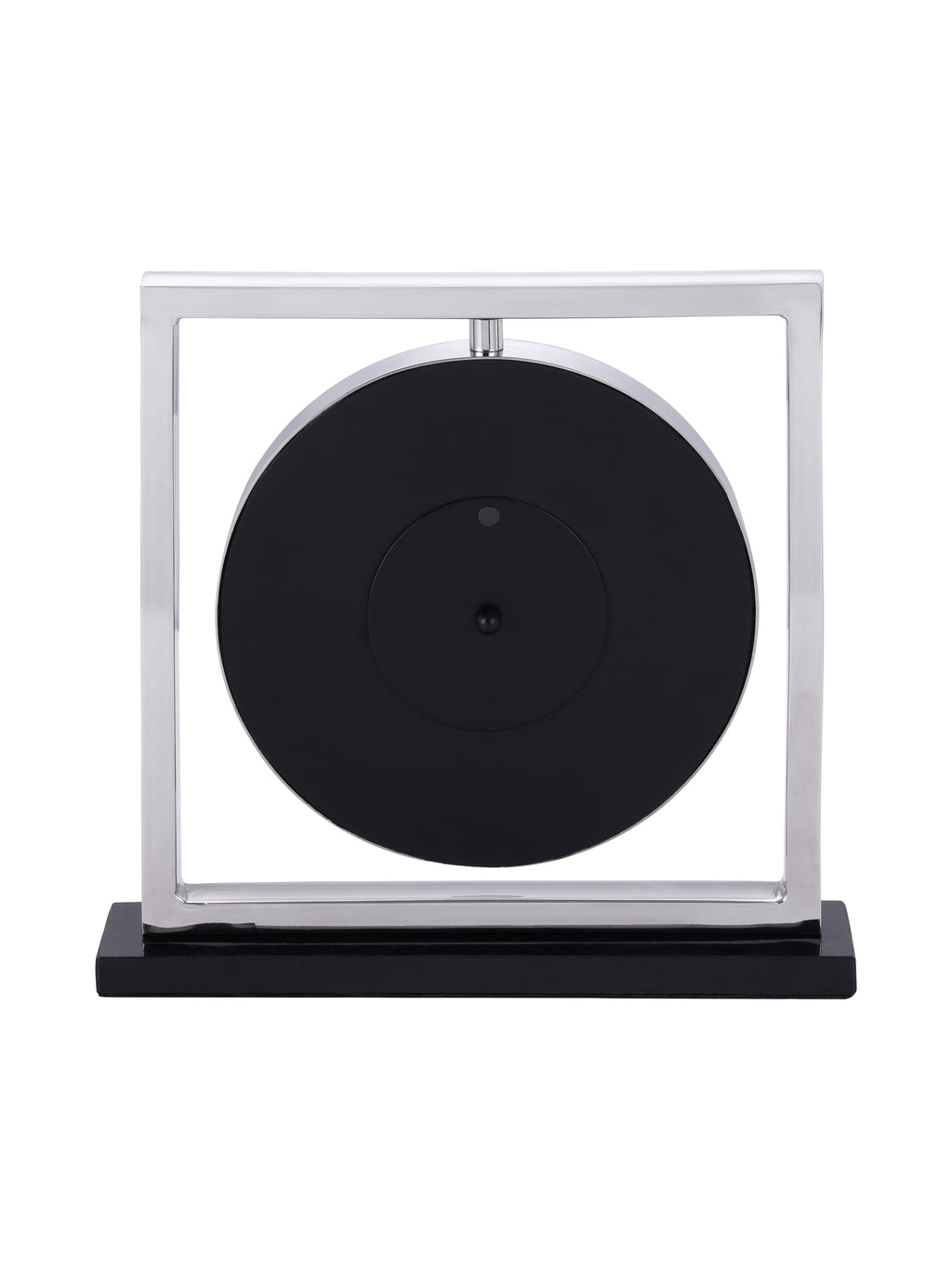 Rear view of the mantel clock with a black circular back inside the silver square frame.