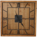 Front view of a square honey-brown wall clock with dark Roman-numeral framework, an inner square and ornate hands.