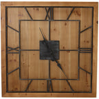 Front view of a square honey-brown wall clock with dark Roman-numeral framework, an inner square and ornate hands.
