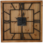 Front view of a square brown wall clock with dark open Roman numerals, an inner square and ornate hands.