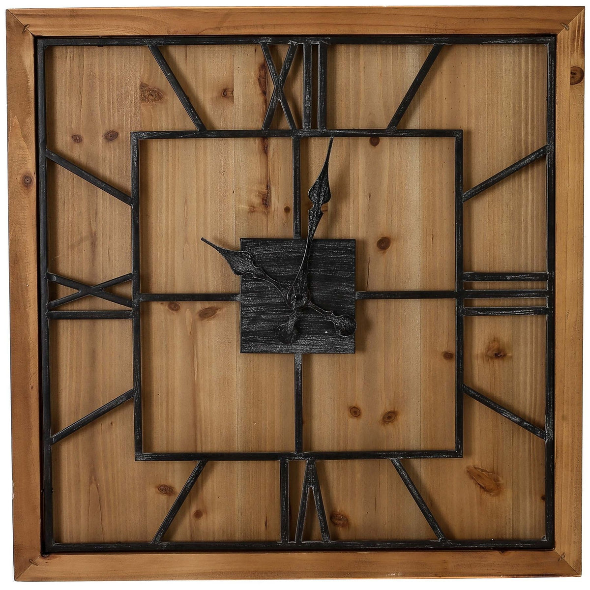 Front view of a square brown wall clock with dark open Roman numerals, an inner square and ornate hands.
