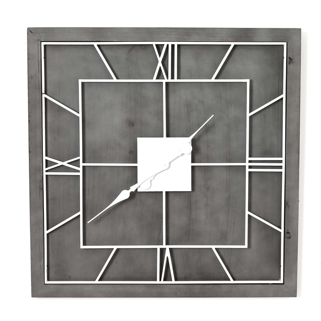 Front view of a square grey wall clock with white open Roman numerals, an inner square and ornate hands.