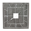 Front view of a square grey wall clock with white open Roman numerals, an inner square and ornate hands.