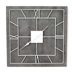 Front view of a square grey wall clock with white open Roman numerals, an inner square and ornate hands.