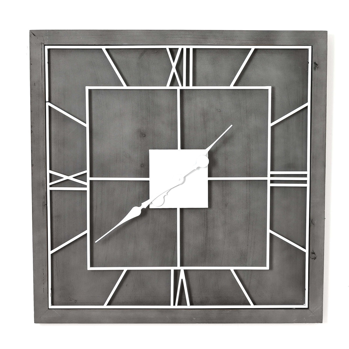 Front view of a square grey wall clock with white open Roman numerals, an inner square and ornate hands.