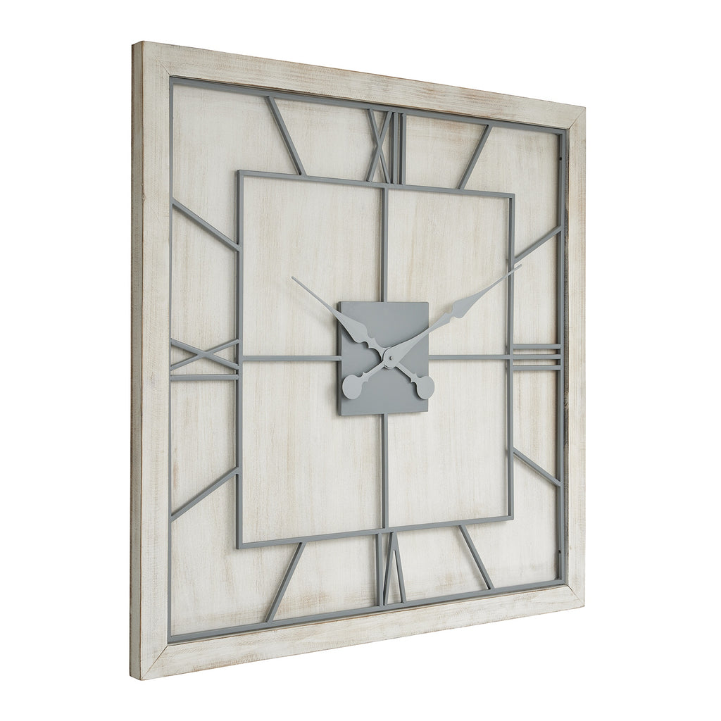 Angled view of a square whitewashed wall clock with a light-grey open numeral framework and ornate hands.